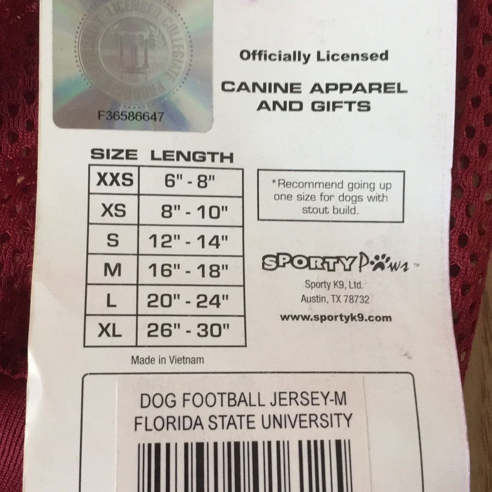 New Doggie Florida State Seminoles Jersey Stretchy Liteweight Size Med 16-18” - Picture 5 of 6